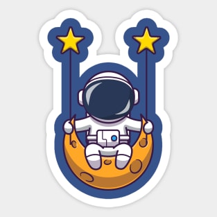 Cute Astronaut Swinging On Moon Cartoon Sticker